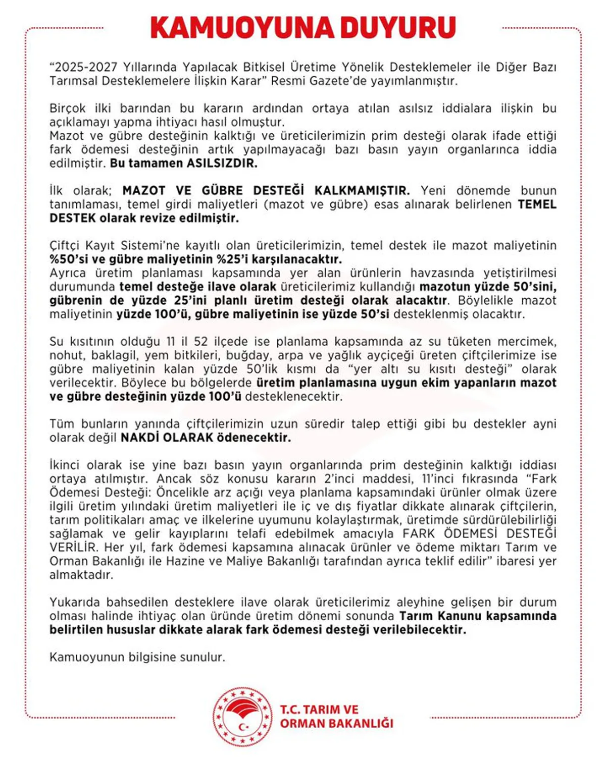 Tarım ve Orman Bakanlığı'ndan Desteklerle İlgili Açıklama Tarım ve Orman Bakanlığı'ndan Desteklerle İlgili Açıklama
