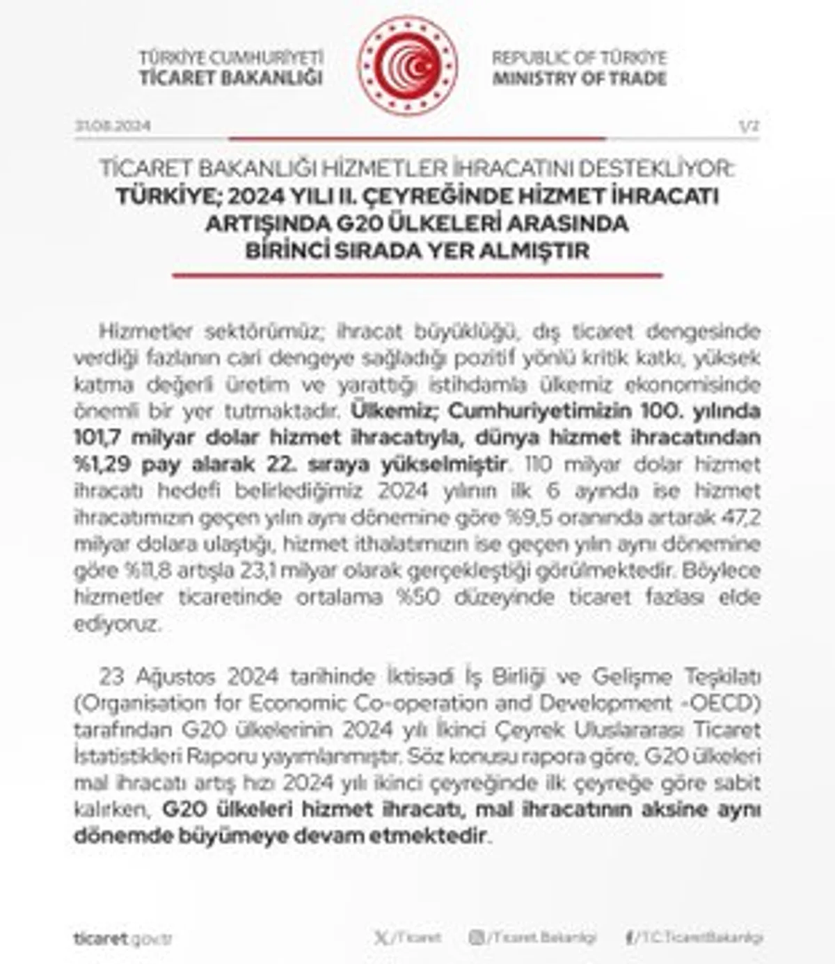 Türkiye, Hizmet İhracatında G20 Ülkeleri Arasında Birincilik Türkiye, Hizmet İhracatında G20 Ülkeleri Arasında Birincilik