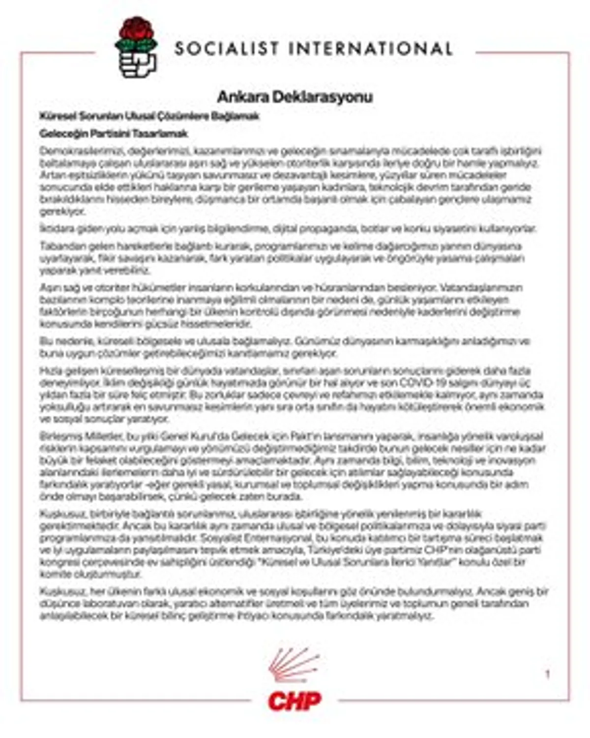 Sosyalist Enternasyonal İkinci Yüzyıl Değişim Kurultayı'nda Ankara Deklarasyonu Açıklandı Sosyalist Enternasyonal İkinci Yüzyıl Değişim Kurultayı'nda Ankara Deklarasyonu Açıklandı