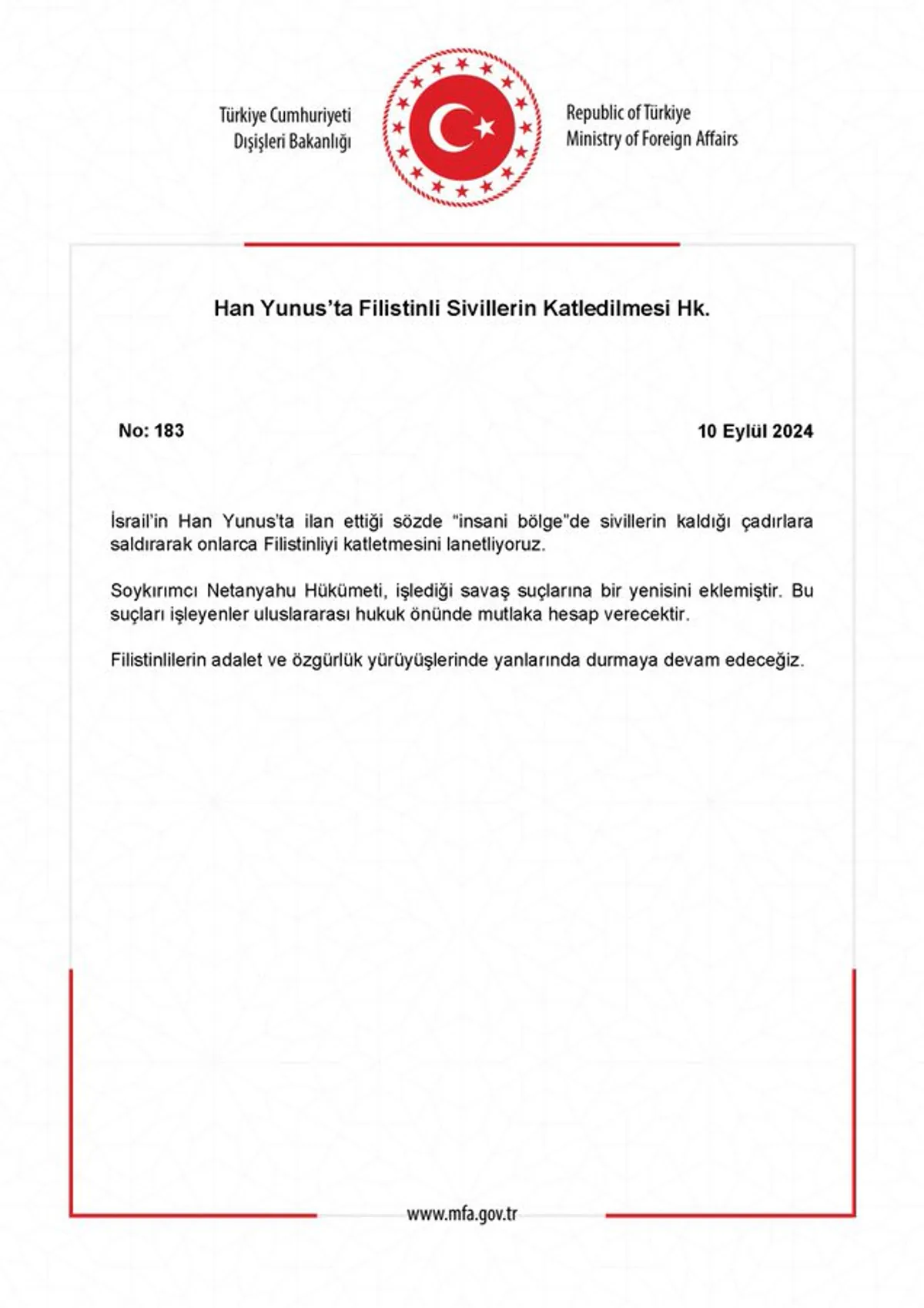 T.C. Dışişleri Bakanlığı, Han Yunus'ta Sivil Kayıplarla İlgili Derin Endişe Duyuyor T.C. Dışişleri Bakanlığı, Han Yunus'ta Sivil Kayıplarla İlgili Derin Endişe Duyuyor