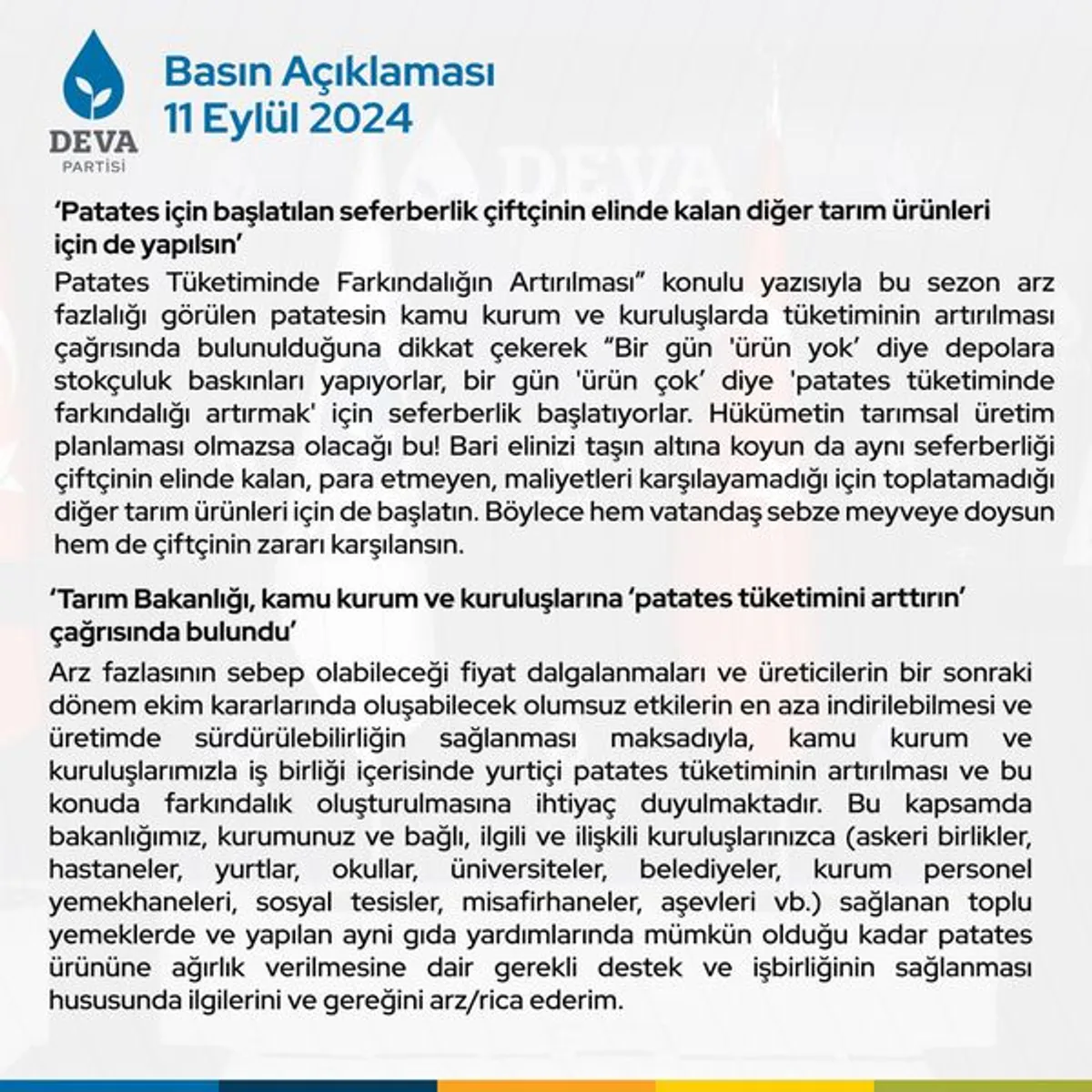 DEVA Partisi Üst Düzey Yöneticisi Patates Fiyatlarındaki Artışa Dikkat Çekti DEVA Partisi Üst Düzey Yöneticisi Patates Fiyatlarındaki Artışa Dikkat Çekti