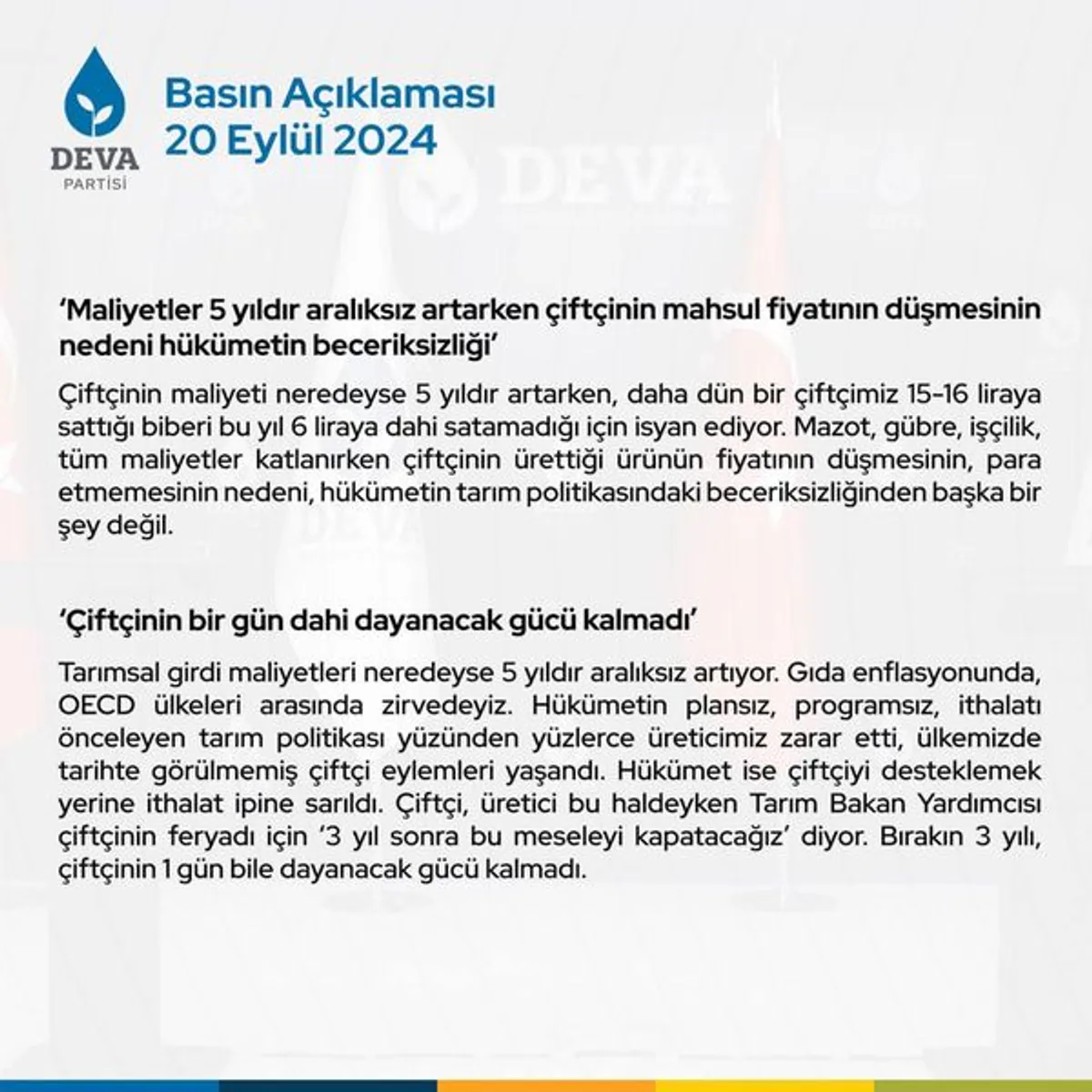 Deva Partisi Genel Başkan Yardımcısı Hasan Karal, çiftçilere yönelik yaşanan sıkıntılara dikkat çekti Deva Partisi Genel Başkan Yardımcısı Hasan Karal, çiftçilere yönelik yaşanan sıkıntılara dikkat çekti