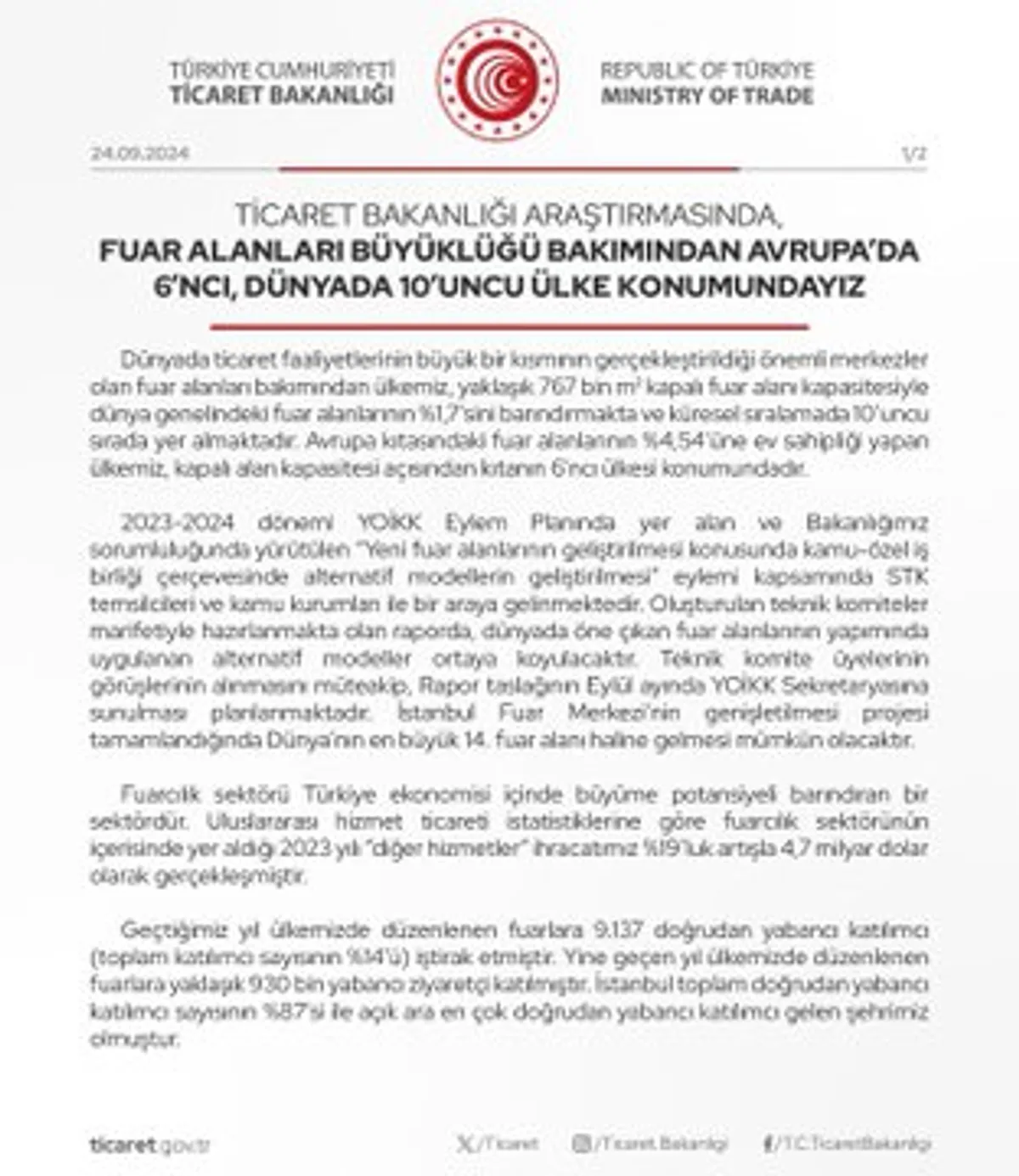 Ticaret Bakanlığı Araştırmasında Türkiye'nin Fuar Alanları Büyüklüğü Öne Çıktı Ticaret Bakanlığı Araştırmasında Türkiye'nin Fuar Alanları Büyüklüğü Öne Çıktı