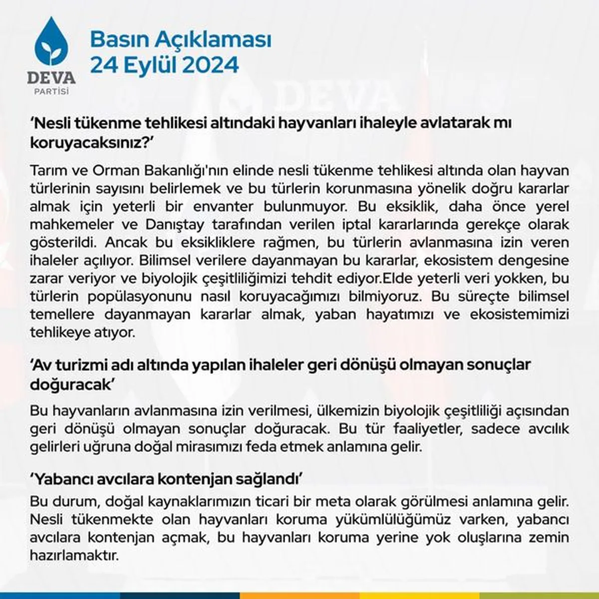 Deva Partisi Genel Başkan Yardımcısı: "Nesli Tükenen Hayvanları Avlamak Onları Korumak mıdır?" Deva Partisi Genel Başkan Yardımcısı: "Nesli Tükenen Hayvanları Avlamak Onları Korumak mıdır?"