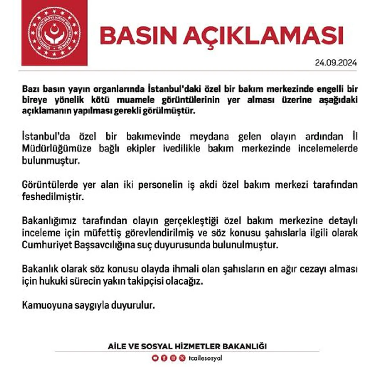 Aile ve Sosyal Hizmetler Bakanlığı'ndan Açıklama Aile ve Sosyal Hizmetler Bakanlığı'ndan Açıklama