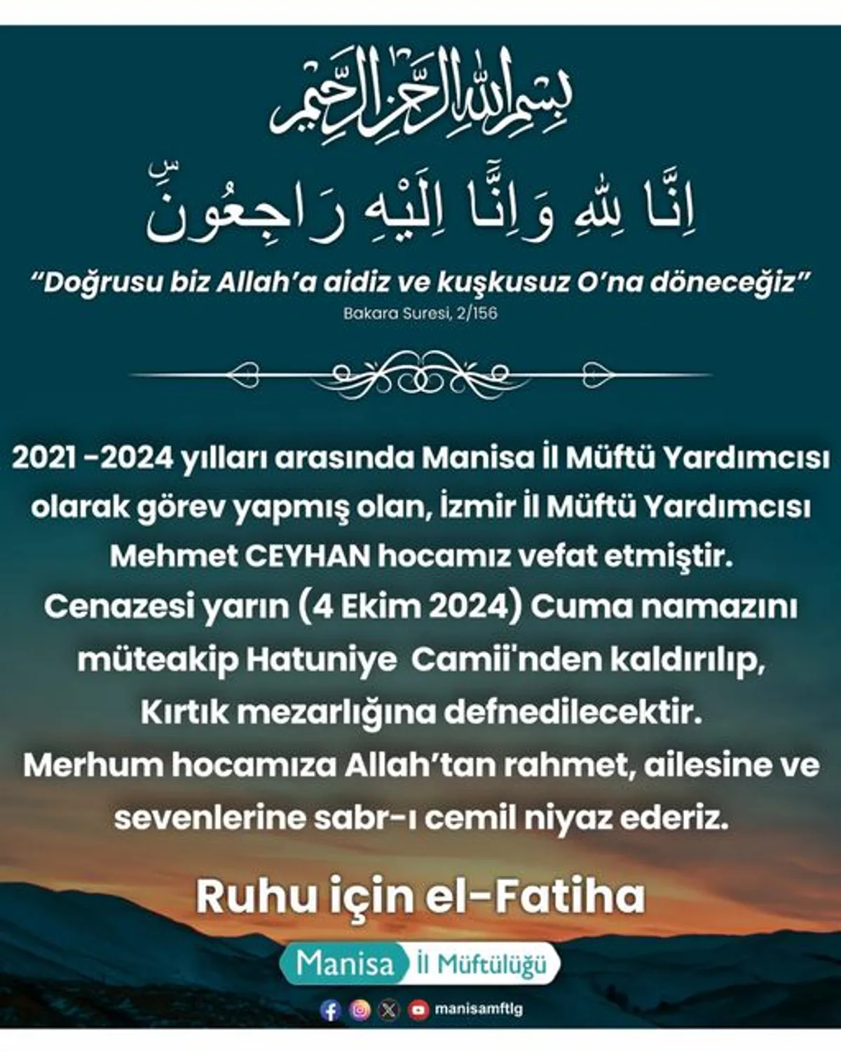 Manisa Müftülüğü Taziye Mesajı Yayımladı Manisa Müftülüğü Taziye Mesajı Yayımladı