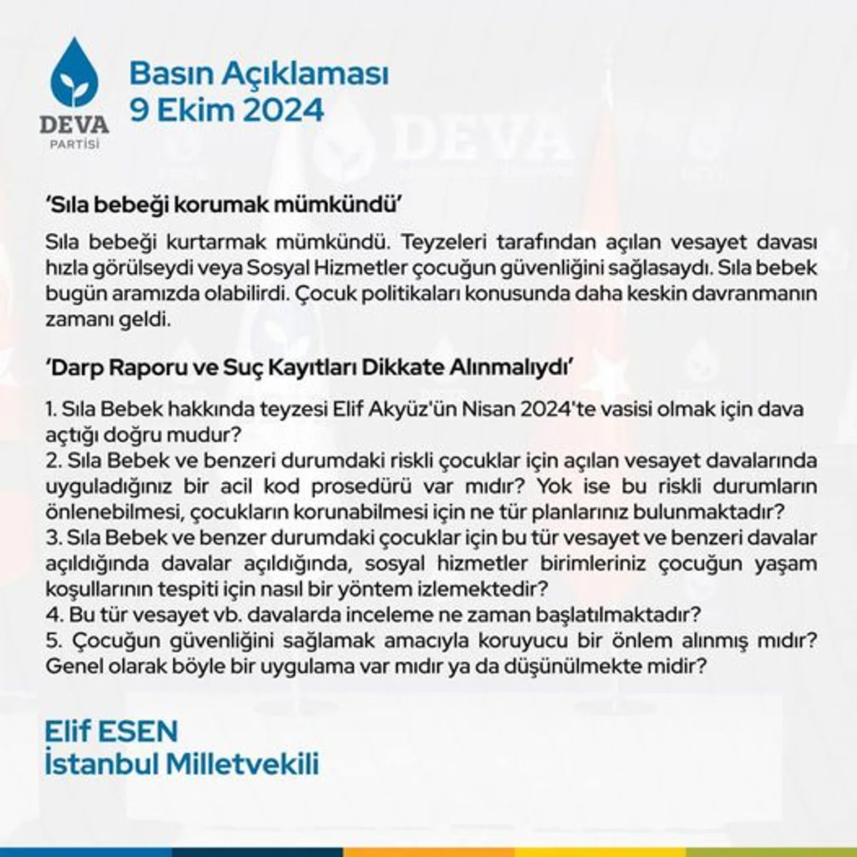 DEVA Partisi Genel Başkan Yardımcısı Elif Esen: "Sıla Bebek Kurtarılabilir" DEVA Partisi Genel Başkan Yardımcısı Elif Esen: "Sıla Bebek Kurtarılabilir"