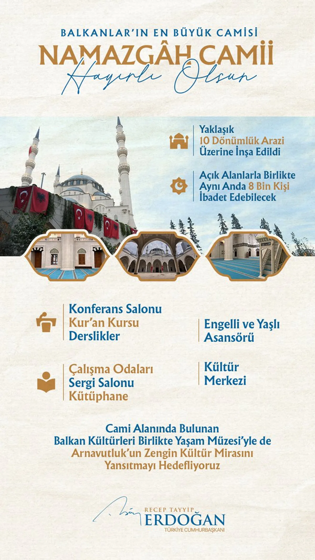 Bugün Tiran'da Balkanlar'ın en büyük camisi Namazgâh Camii açıldı Bugün Tiran'da Balkanlar'ın en büyük camisi Namazgâh Camii açıldı