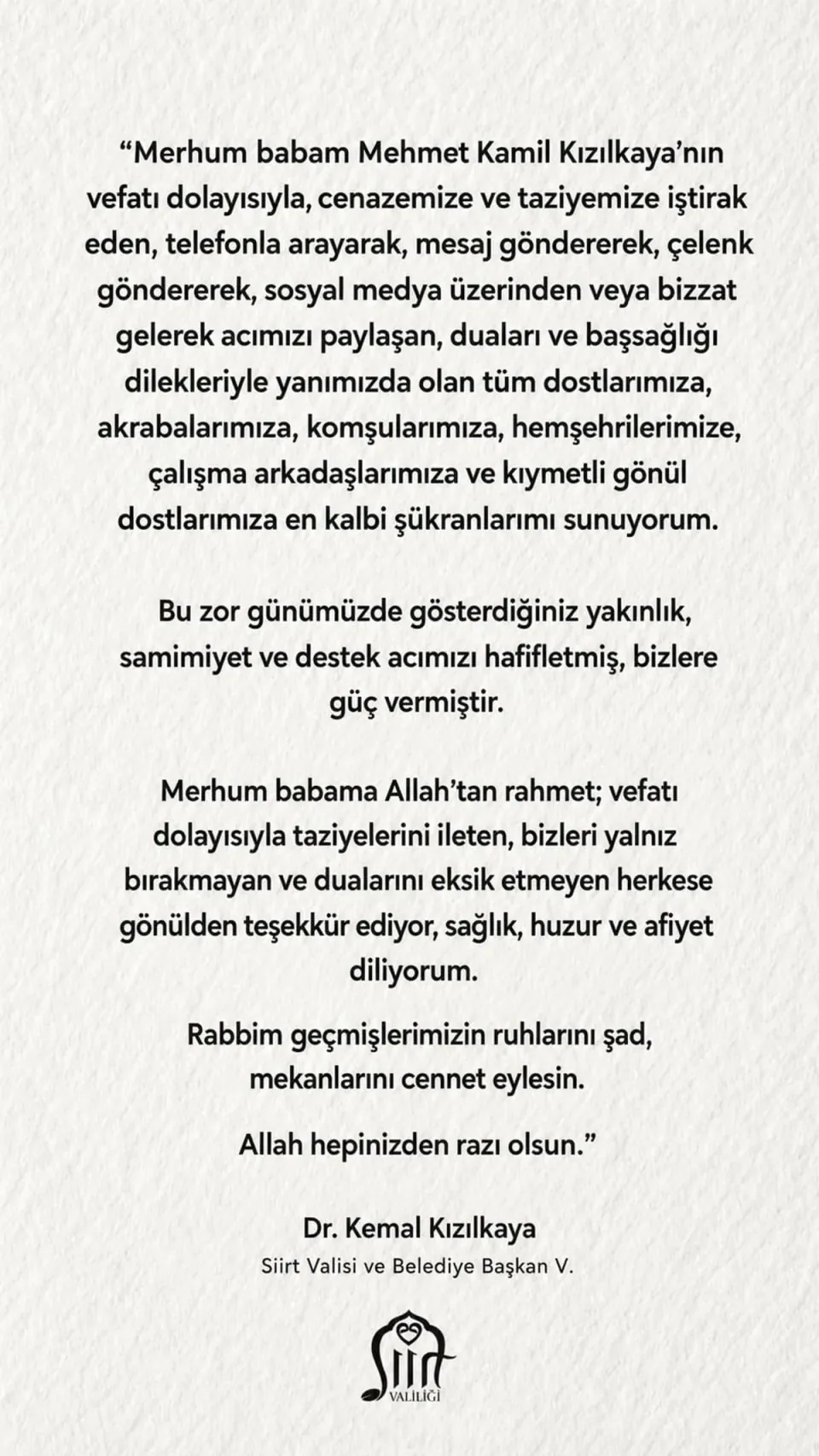 Siirt Valisi Dr. Kemal Kızılkaya'dan Taziye Teşekkür Mesajı görseli