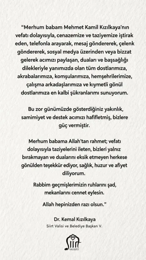 Siirt Valisi Dr. Kemal Kızılkaya'dan Taziye Teşekkür Mesajı
