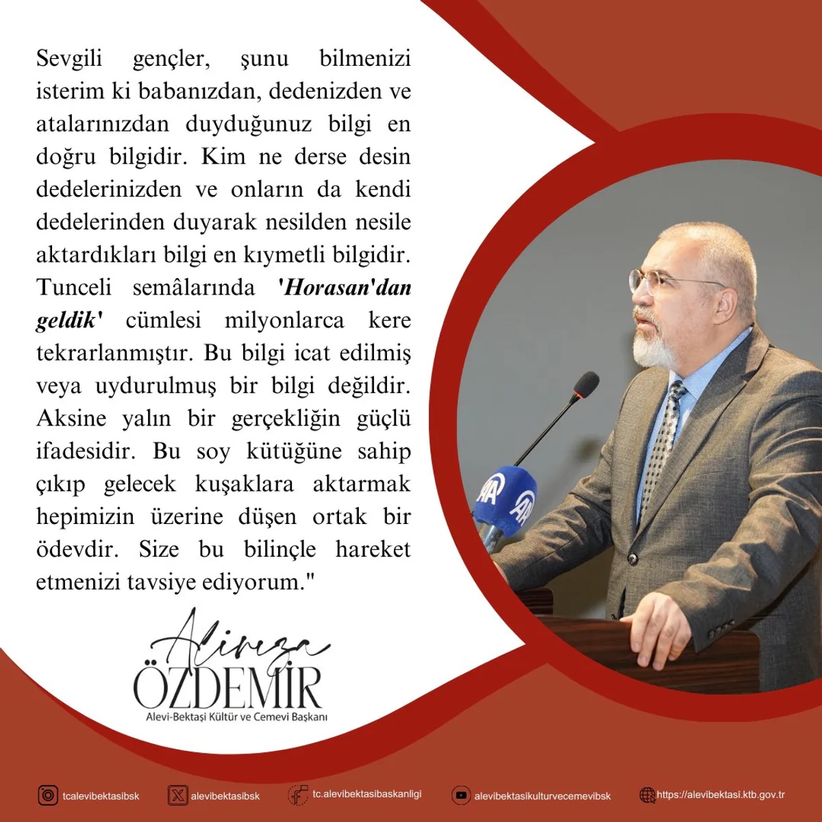 Alevi-Bektaşi Kültür ve Cemevi Başkanı Alirıza Özdemir Gençlerin Kültürel Mirasa Önem Vermelerini İstedi Alevi-Bektaşi Kültür ve Cemevi Başkanı Alirıza Özdemir Gençlerin Kültürel Mirasa Önem Vermelerini İstedi