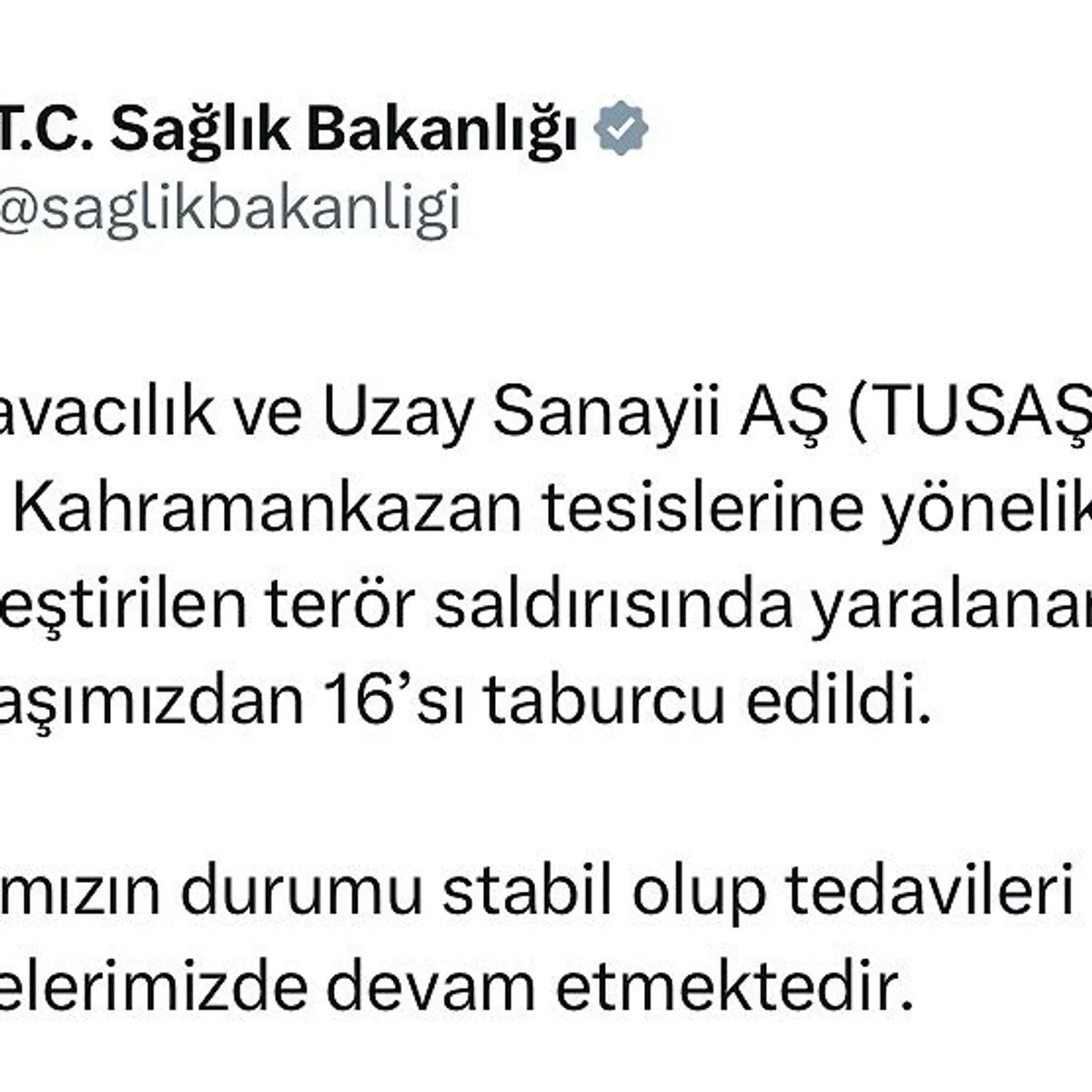 Türk Havacılık ve Uzay Sanayii AŞ'nin Kahramankazan tesislerine yapılan terör saldırısında yaralanan 22 vatandaş Türk Havacılık ve Uzay Sanayii AŞ'nin Kahramankazan tesislerine yapılan terör saldırısında yaralanan 22 vatandaş
