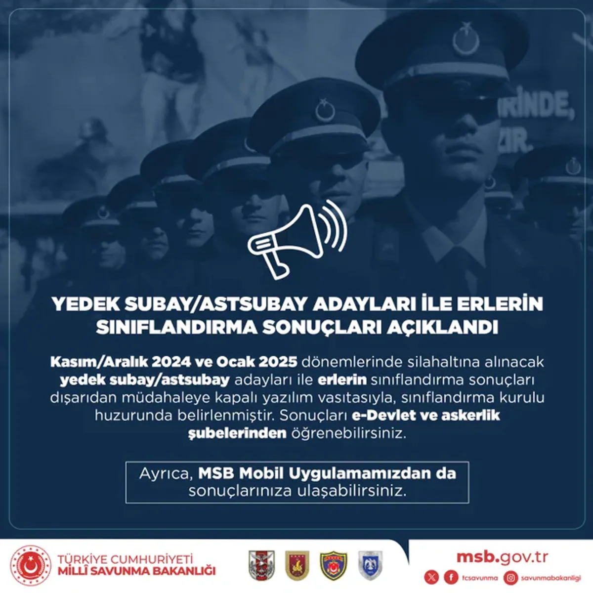 Kasım/Aralık 2024 ve Ocak 2025 Döneminde Yedek Subay ve Astsubay Adayları İçin Sınıflandırma Sonuçları Açıklandı Kasım/Aralık 2024 ve Ocak 2025 Döneminde Yedek Subay ve Astsubay Adayları İçin Sınıflandırma Sonuçları Açıklandı