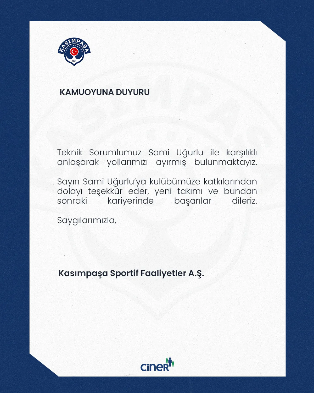 Kasımpaşa Spor Kulübü, Teknik Sorumlusu Sami Uğurlu İle Yollarını Ayırdı Kasımpaşa Spor Kulübü, Teknik Sorumlusu Sami Uğurlu İle Yollarını Ayırdı