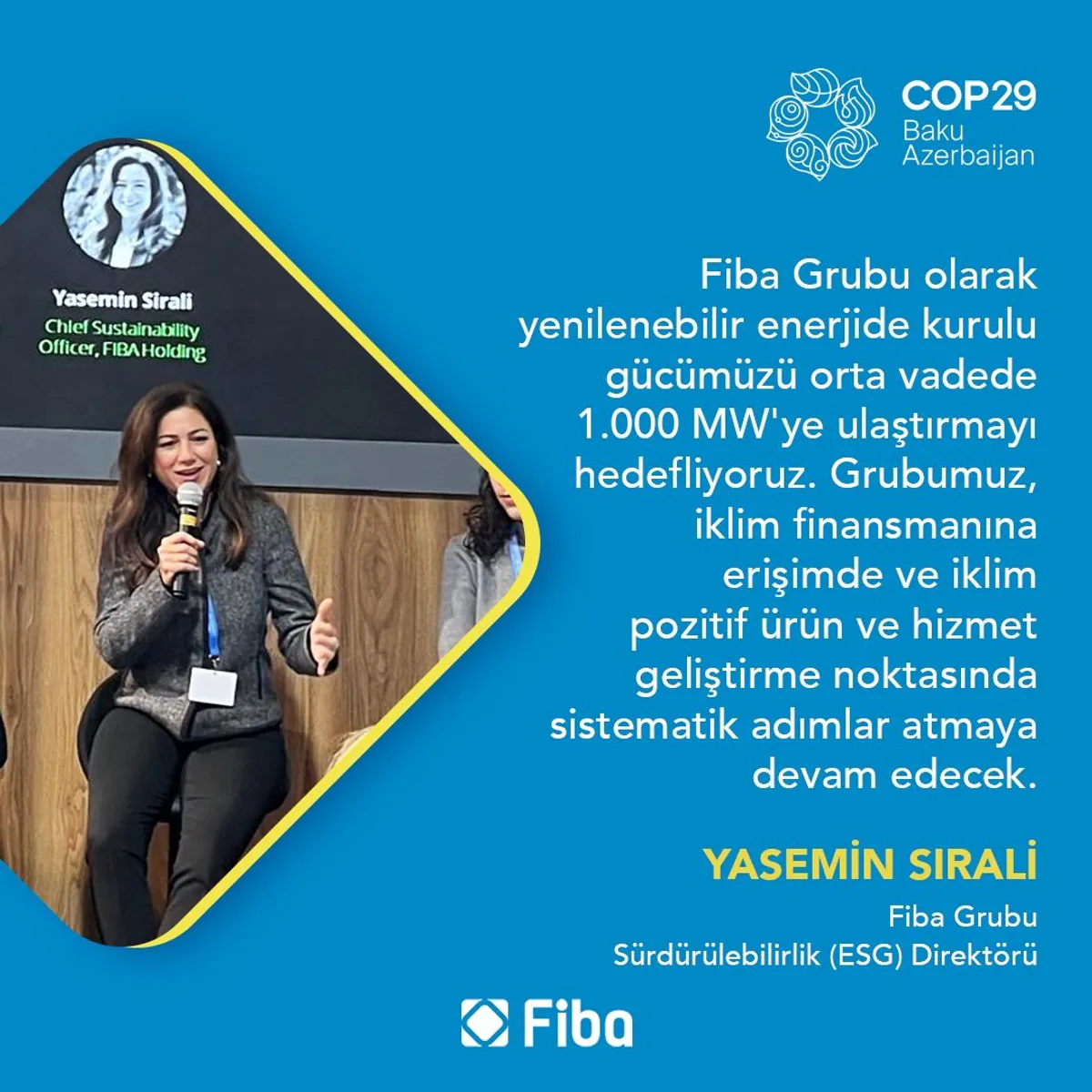 Fiba Group'un Sürdürülebilirlik Direktörü Yasemin Sırali, COP29 çerçevesinde Bakü'de önemli bir etkinlikte yer aldı Fiba Group'un Sürdürülebilirlik Direktörü Yasemin Sırali, COP29 çerçevesinde Bakü'de önemli bir etkinlikte yer aldı