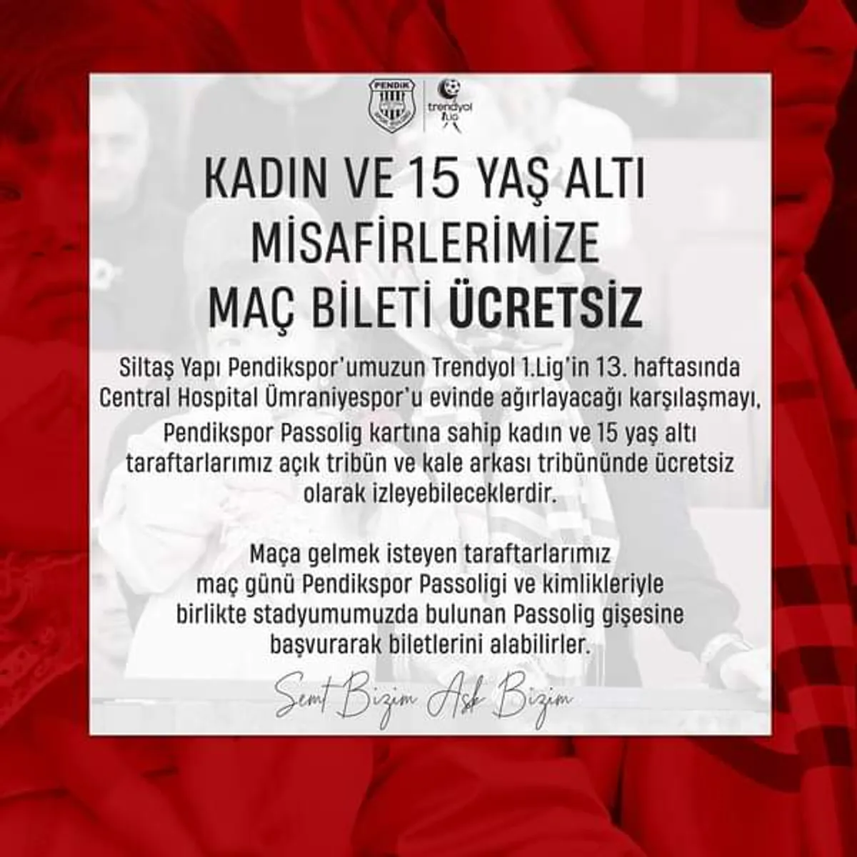 Pendikspor, Passolig Kartı Olan Kadın ve 15 Yaş Altı Taraftarlarına Ücretsiz Bilet Fırsatı Sunuyor Pendikspor, Passolig Kartı Olan Kadın ve 15 Yaş Altı Taraftarlarına Ücretsiz Bilet Fırsatı Sunuyor