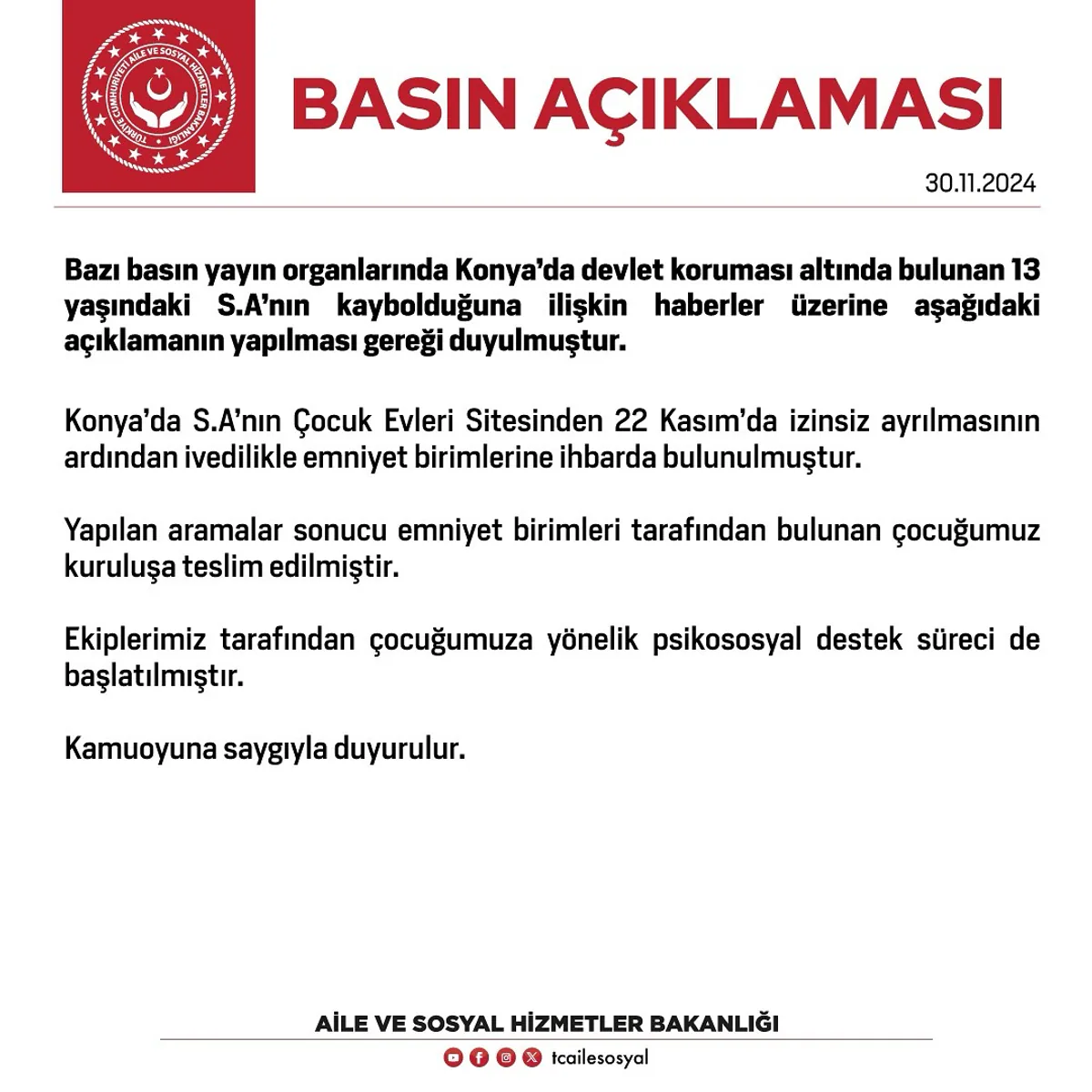 Aile ve Sosyal Hizmetler Bakanlığı'ndan Kayıp Çocukla İlgili Açıklama Aile ve Sosyal Hizmetler Bakanlığı'ndan Kayıp Çocukla İlgili Açıklama