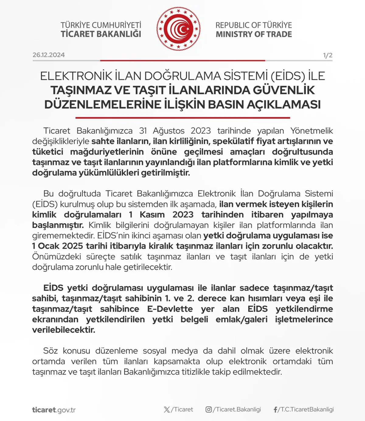 Elektronik İlan Doğrulama Sistemi (EİDS) ile Taşınmaz ve Taşıt İlanlarında Güvenlik Düzenlemeleri Elektronik İlan Doğrulama Sistemi (EİDS) ile Taşınmaz ve Taşıt İlanlarında Güvenlik Düzenlemeleri