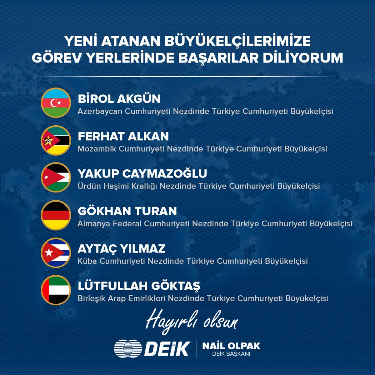 Yeni Atanan Büyükelçilere Başarı Dilekleriyle Birlikte Ülkeler Arasındaki İlişkiler Güçlenecek Yeni Atanan Büyükelçilere Başarı Dilekleriyle Birlikte Ülkeler Arasındaki İlişkiler Güçlenecek