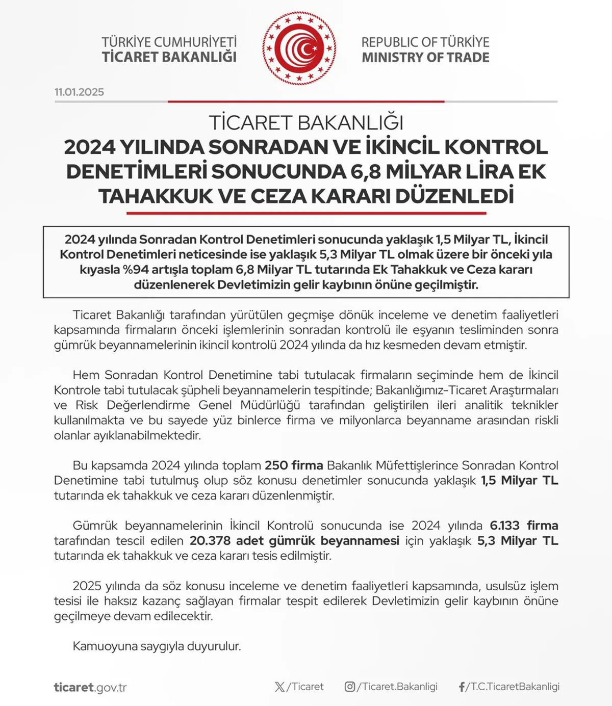 Ticaret Bakanlığından Ek Tahakkuk ve Cezalar Ticaret Bakanlığından Ek Tahakkuk ve Cezalar