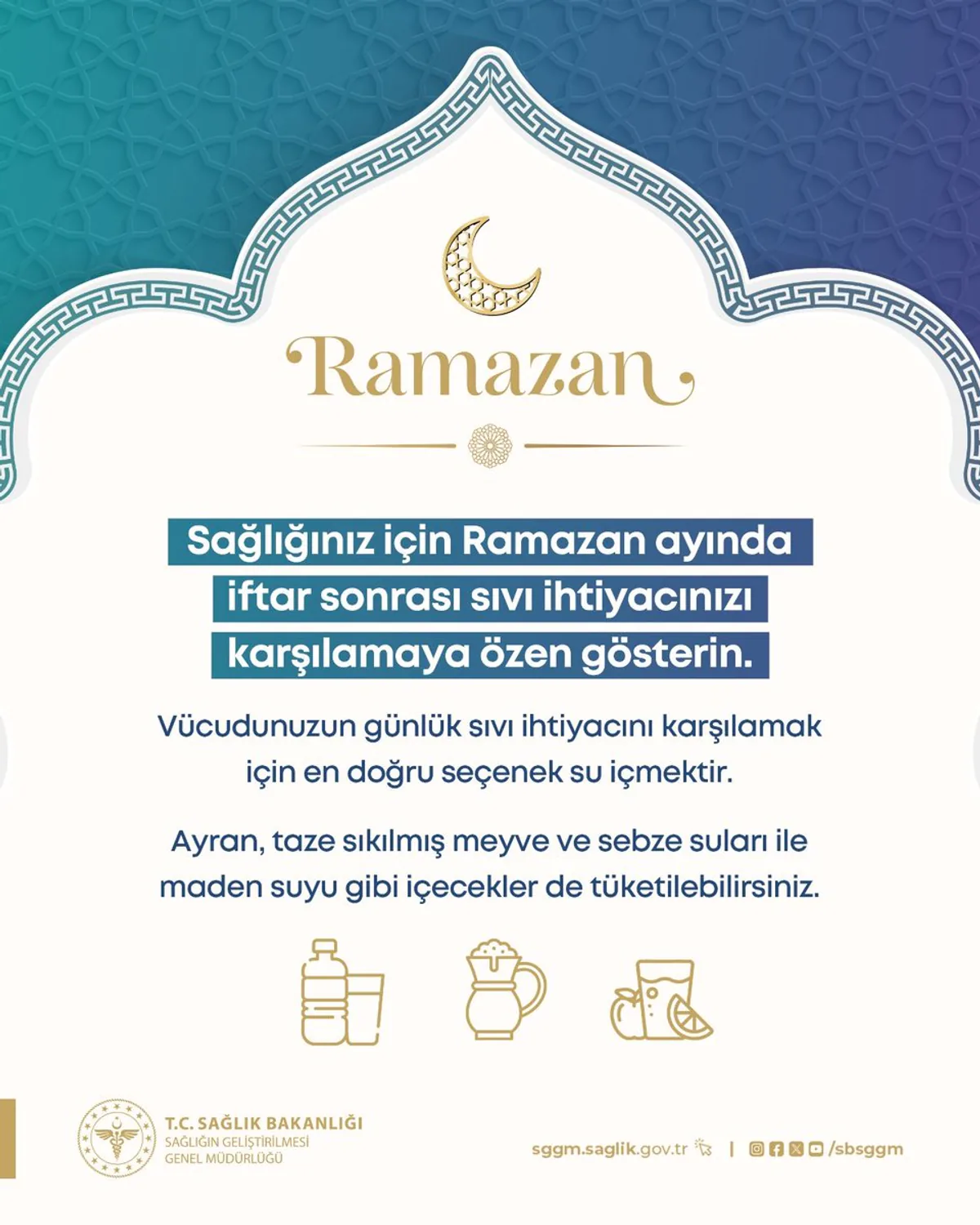 Sağlık Bakanlığı'ndan Ramazan'da Sıvı Tüketimi Uyarısı: Vücudunuzu Susuz Bırakmayın Sağlık Bakanlığı'ndan Ramazan'da Sıvı Tüketimi Uyarısı: Vücudunuzu Susuz Bırakmayın