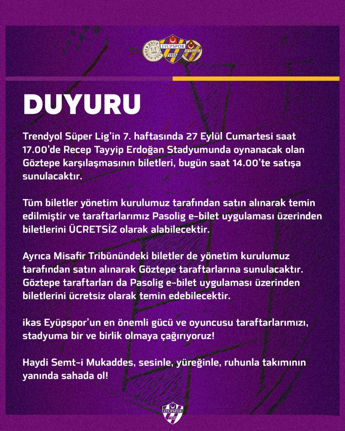 Eyüpspor, Göztepe Maçı Biletlerini Taraftarlara Ücretsiz Sunuyor Eyüpspor, Göztepe Maçı Biletlerini Taraftarlara Ücretsiz Sunuyor