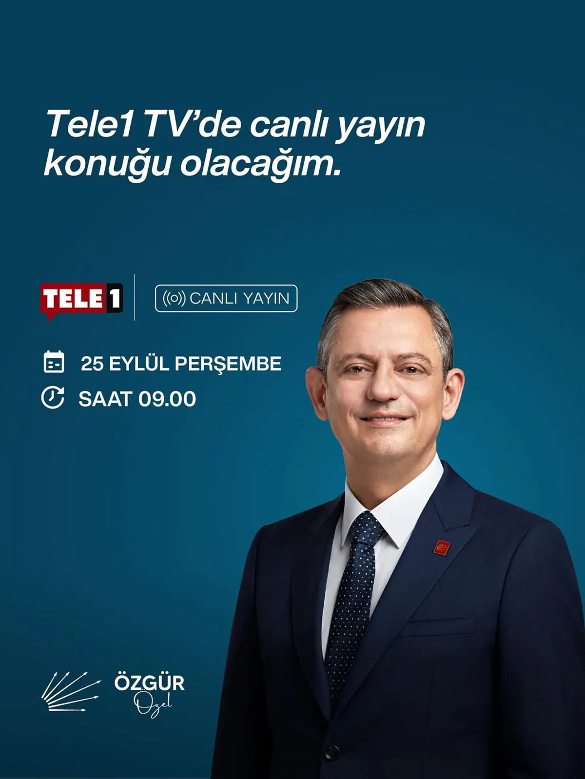 CHP Lideri Özgür Özel, Tele1'de Canlı Yayın Yapacak CHP Lideri Özgür Özel, Tele1'de Canlı Yayın Yapacak