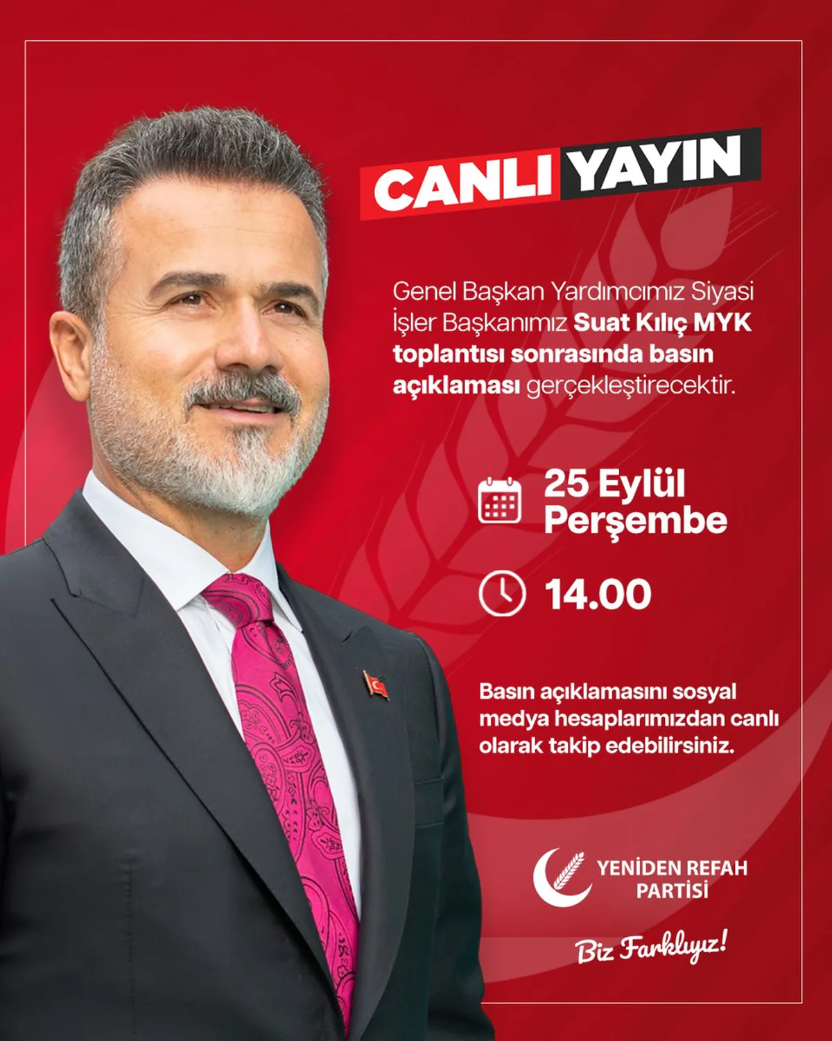 Yeniden Refah Partisi'nden Önemli Açıklama: Suat Kılıç Basın Toplantısı Düzenleyecek Yeniden Refah Partisi'nden Önemli Açıklama: Suat Kılıç Basın Toplantısı Düzenleyecek