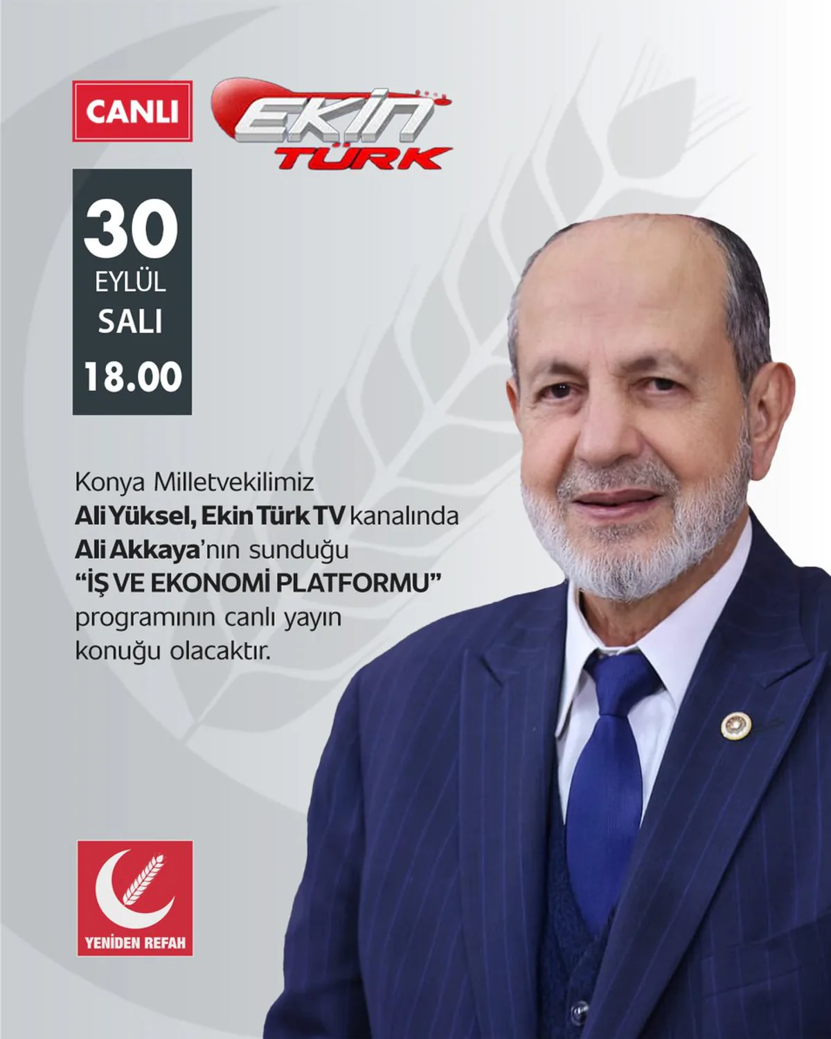 Yeniden Refah Partisi Konya Milletvekili Ali Yüksel Ekin Türk TV'de Ekonomiyi Değerlendirecek Yeniden Refah Partisi Konya Milletvekili Ali Yüksel Ekin Türk TV'de Ekonomiyi Değerlendirecek