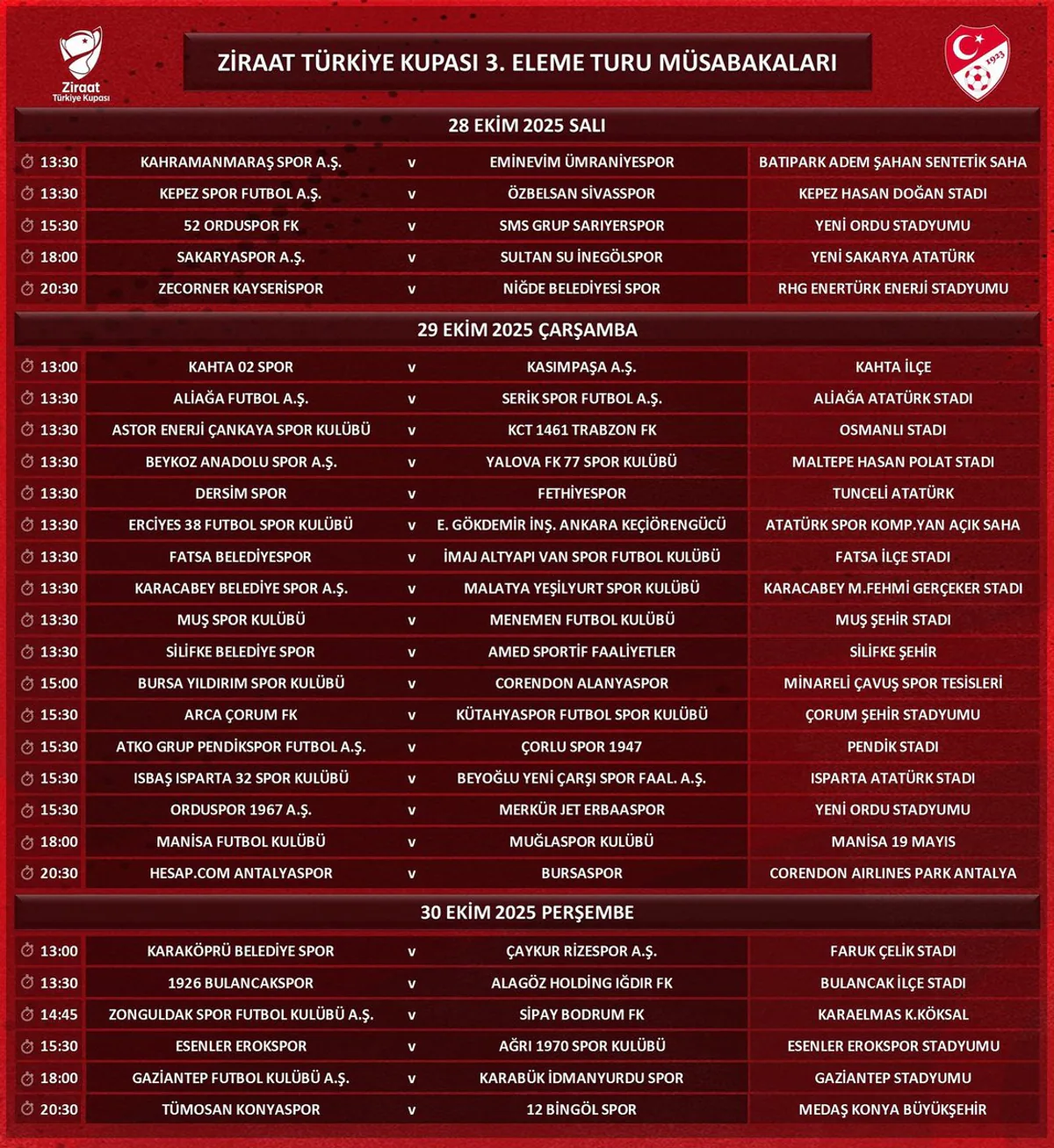 Ziraat Türkiye Kupası 3. Eleme Turu Maç Programı Açıklandı Ziraat Türkiye Kupası 3. Eleme Turu Maç Programı Açıklandı