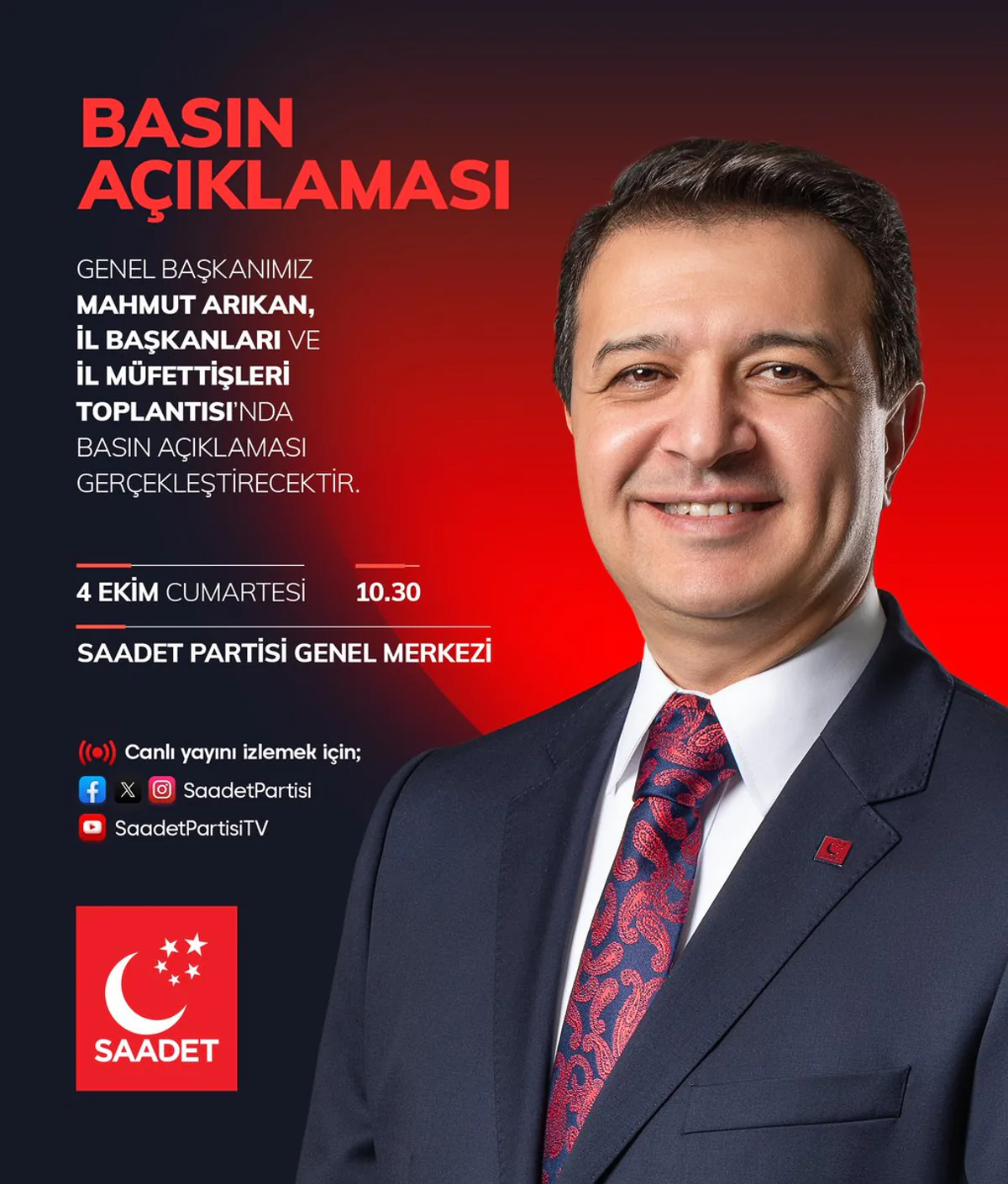 Saadet Partisi Genel Başkanı Mahmut Arıkan'dan Basın Açıklaması Saadet Partisi Genel Başkanı Mahmut Arıkan'dan Basın Açıklaması