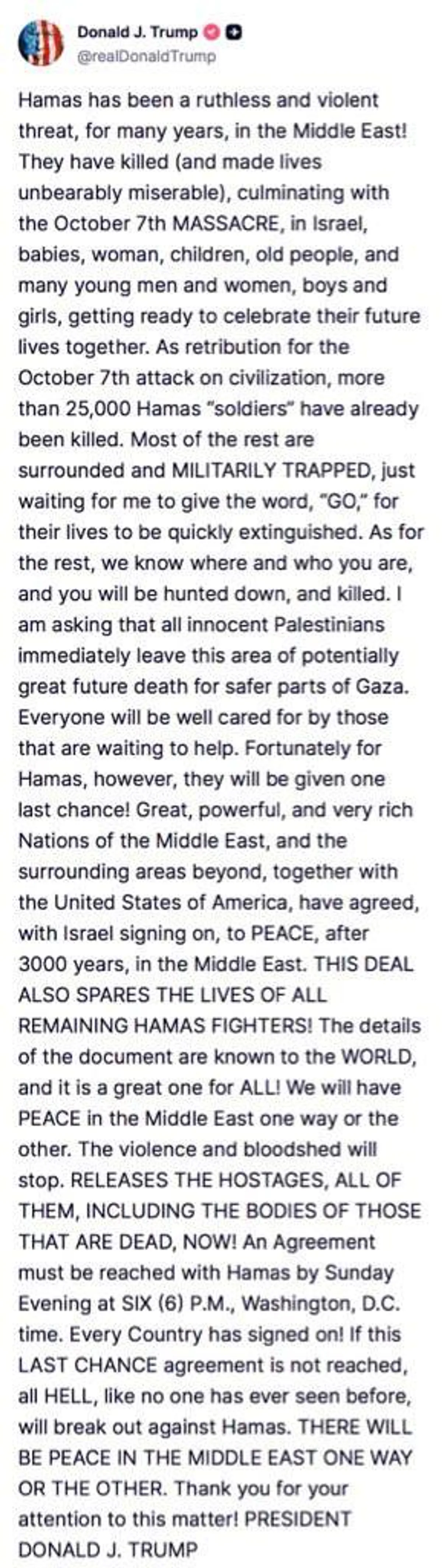 Trump'tan Hamas'a Ültimatom: Pazar Akşamına Kadar Anlaşma Ya da "Görülmemiş Cehennem" Trump'tan Hamas'a Ültimatom: Pazar Akşamına Kadar Anlaşma Ya da "Görülmemiş Cehennem"
