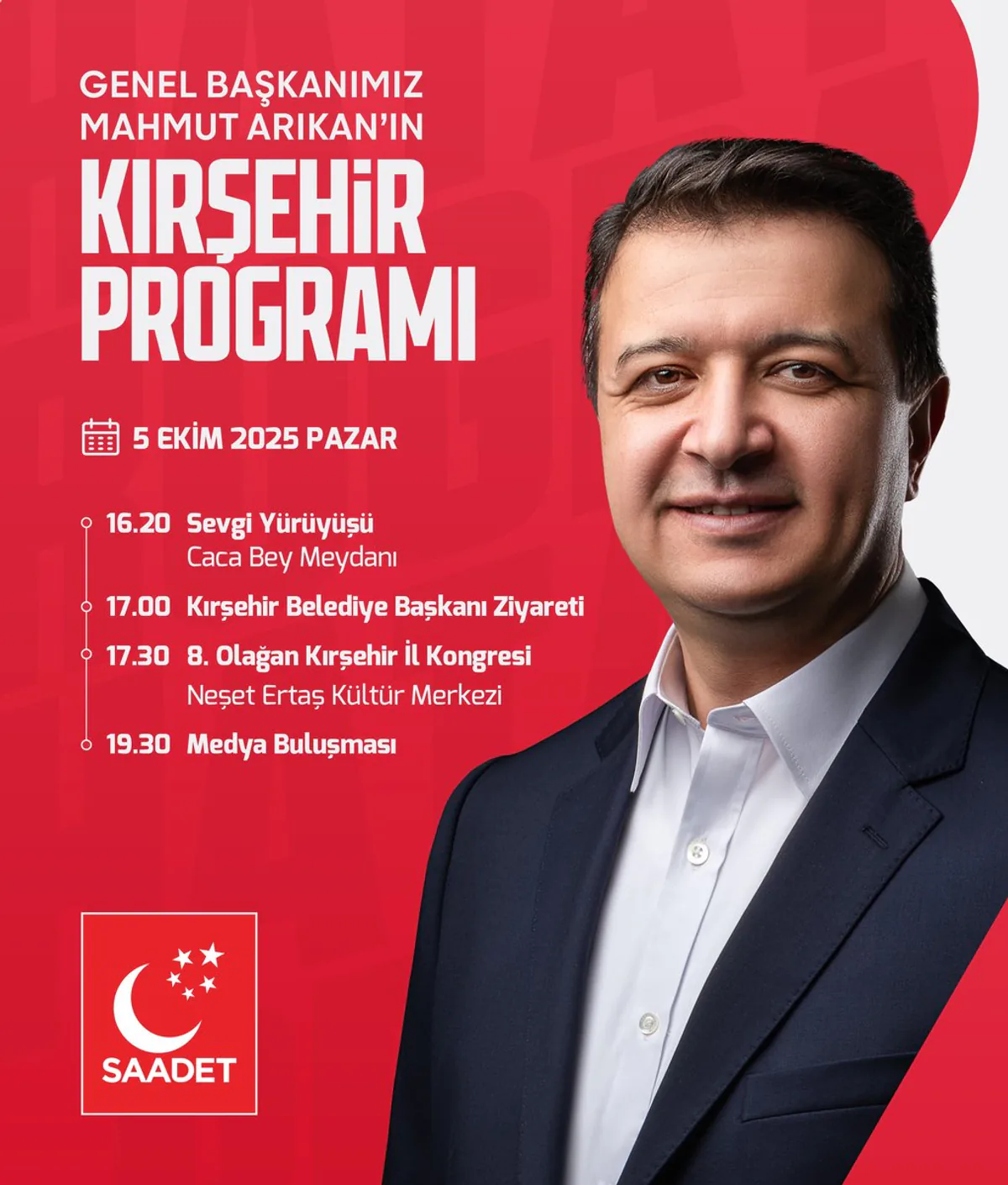 Saadet Partisi Genel Başkanı Mahmut Arıkan'ın Kırşehir Programı Açıklandı Saadet Partisi Genel Başkanı Mahmut Arıkan'ın Kırşehir Programı Açıklandı