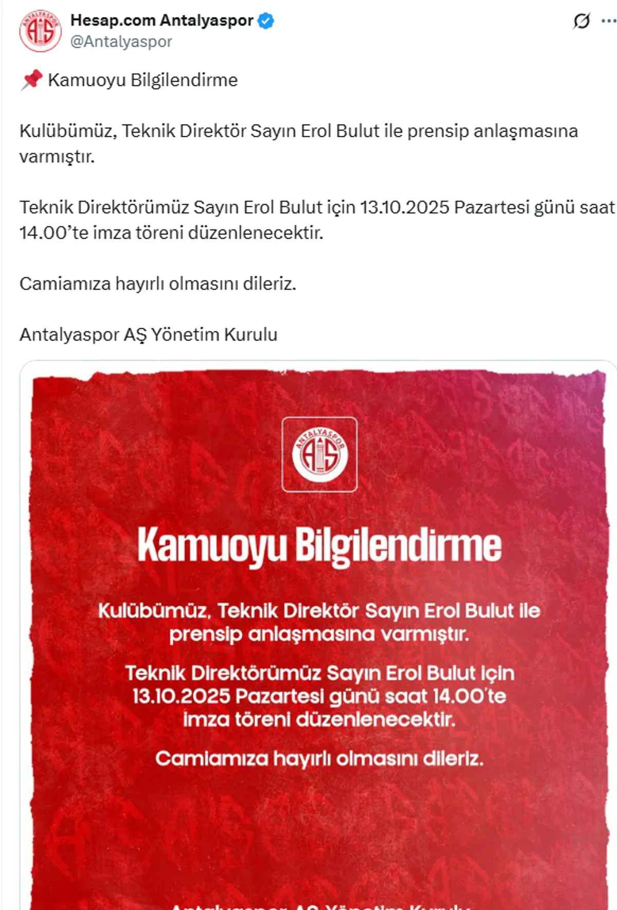 Antalyaspor, Teknik Direktör Erol Bulut ile Prensip Anlaşmasına Vardı Antalyaspor, Teknik Direktör Erol Bulut ile Prensip Anlaşmasına Vardı