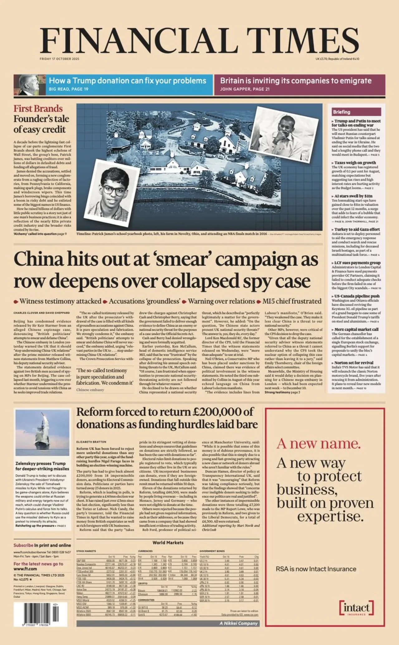 Financial Times'ın 17 Ekim Cuma Günü İngiltere Baskısının Ön Sayfası Yayımlandı Financial Times'ın 17 Ekim Cuma Günü İngiltere Baskısının Ön Sayfası Yayımlandı