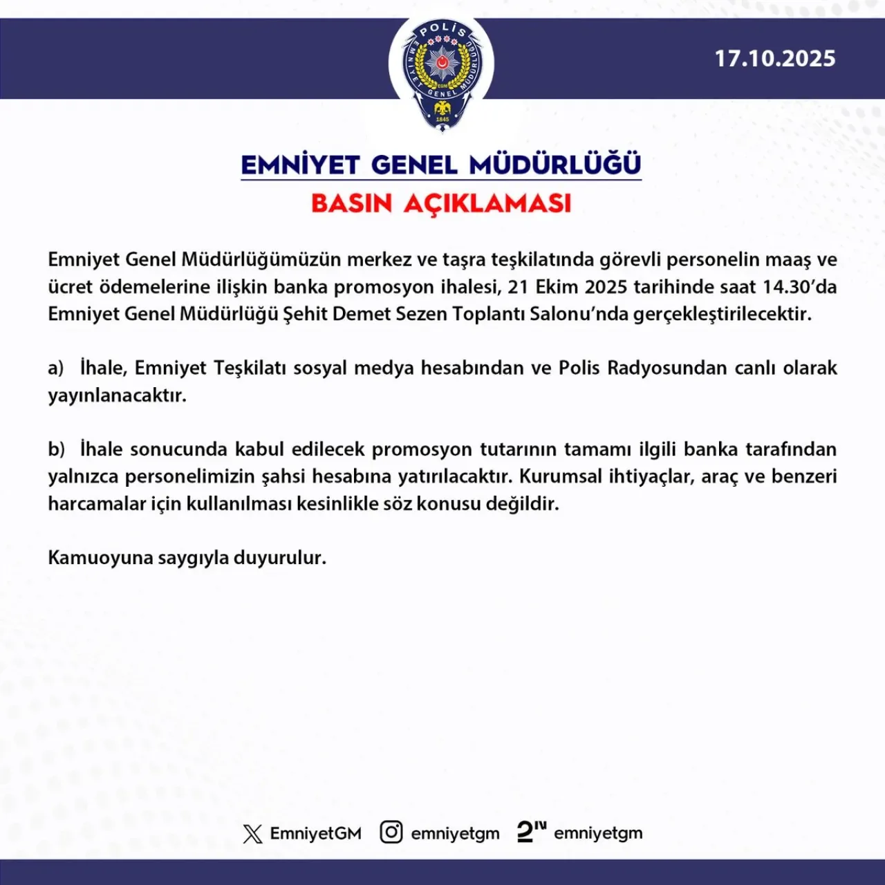 Emniyet Personeli Maaş Ödemeleri İçin Banka Promosyon İhalesi Canlı Yayınlanacak Emniyet Personeli Maaş Ödemeleri İçin Banka Promosyon İhalesi Canlı Yayınlanacak