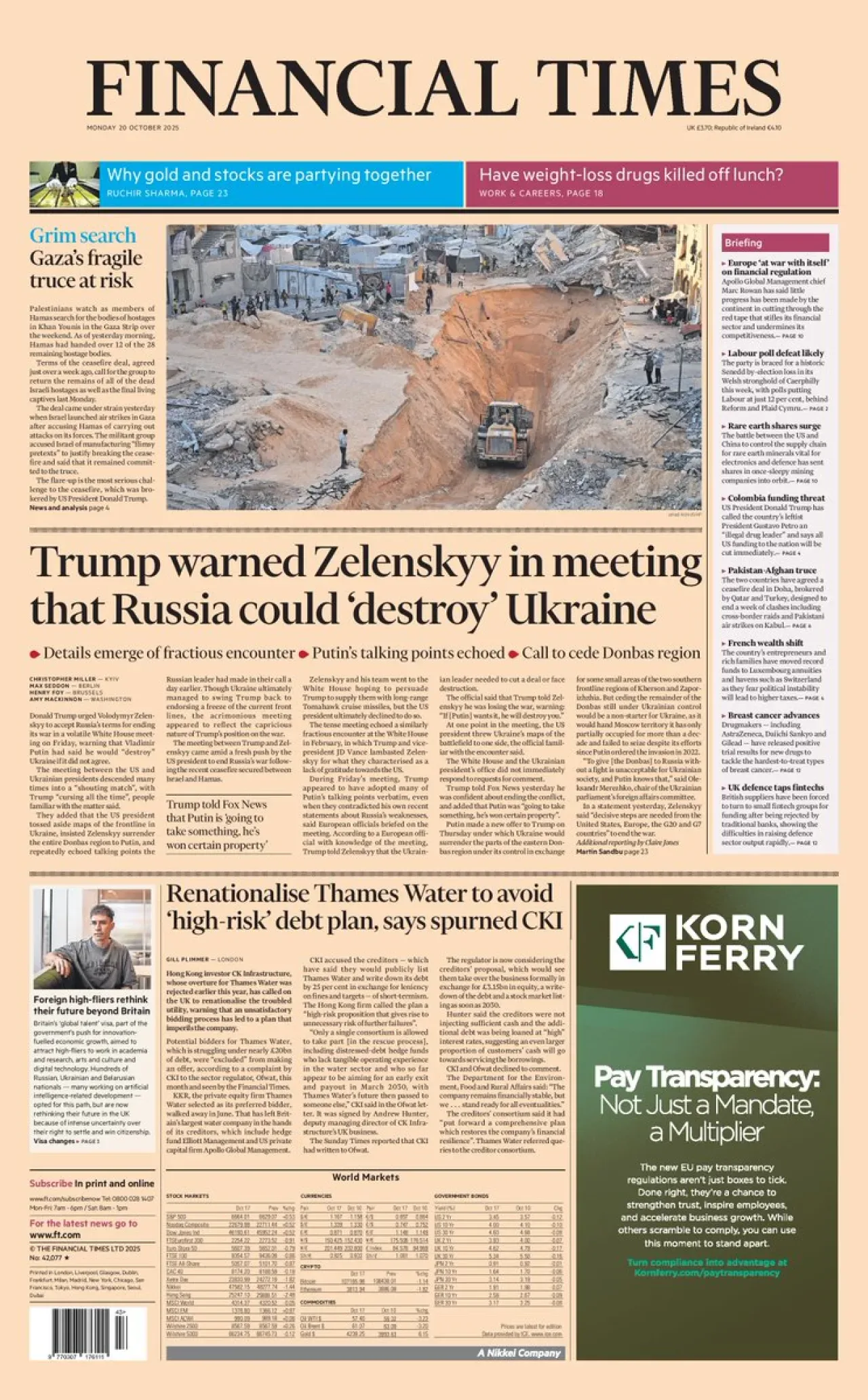 Financial Times, 20 Ekim İngiltere Baskısının Ön Sayfasını Yayınladı Financial Times, 20 Ekim İngiltere Baskısının Ön Sayfasını Yayınladı