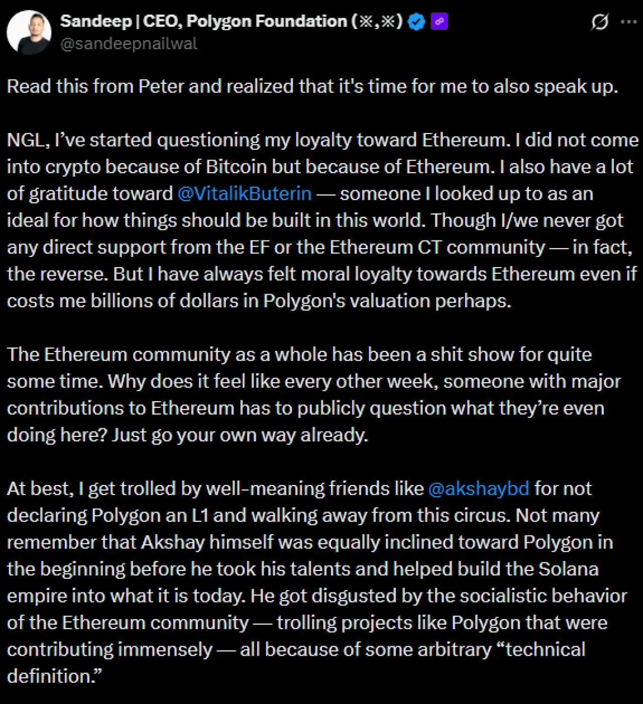 Polygon Kurucusu Ethereum Topluluğunu Eleştirdi Polygon Kurucusu Ethereum Topluluğunu Eleştirdi