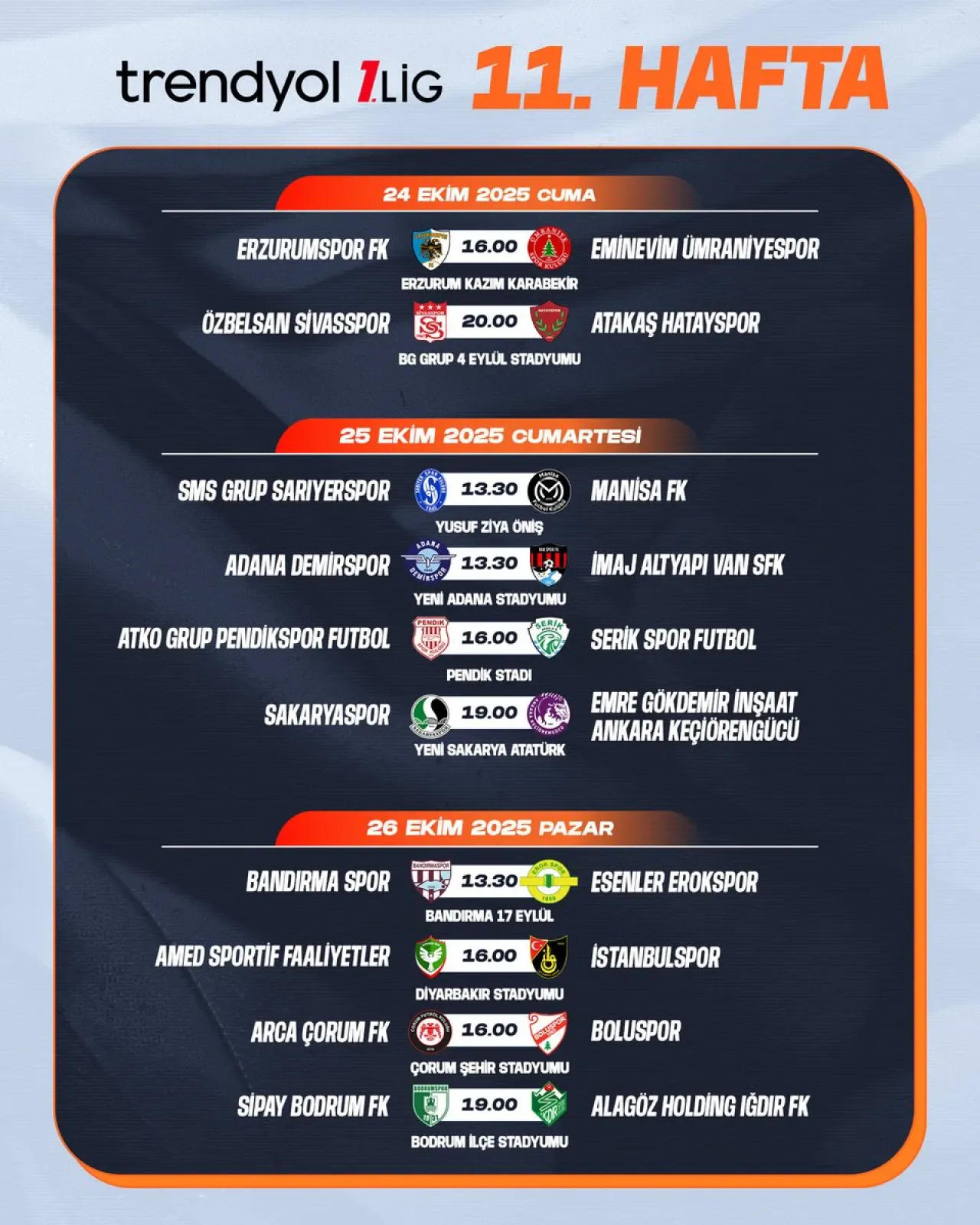 Trendyol 1. Lig'de 11. Hafta Heyecanı: Maç Programı Açıklandı Trendyol 1. Lig'de 11. Hafta Heyecanı: Maç Programı Açıklandı