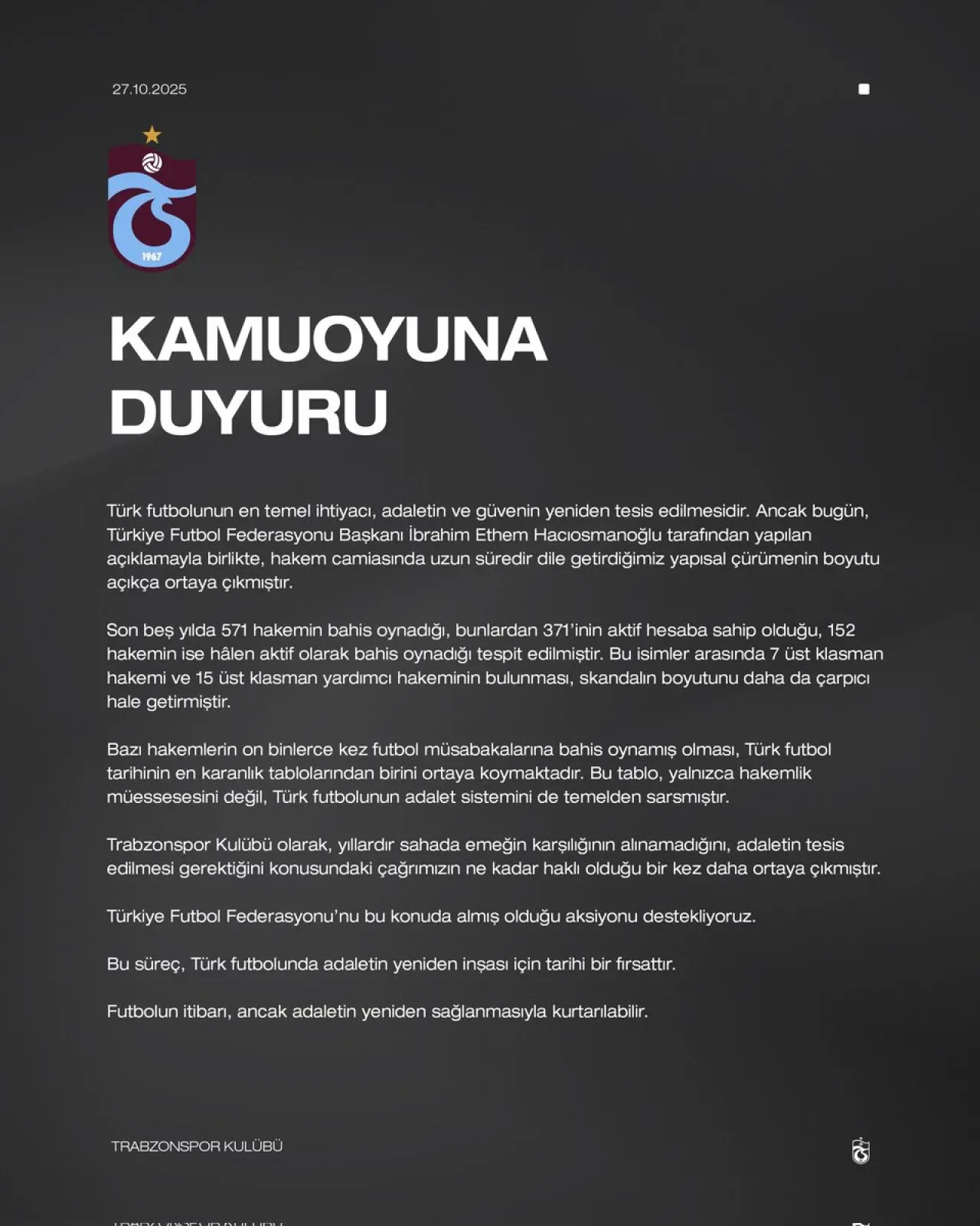 Trabzonspor Başkanı Ertuğrul Doğan'dan Futbolda Şike ve Bahis İddialarına İlişkin Açıklama Trabzonspor Başkanı Ertuğrul Doğan'dan Futbolda Şike ve Bahis İddialarına İlişkin Açıklama