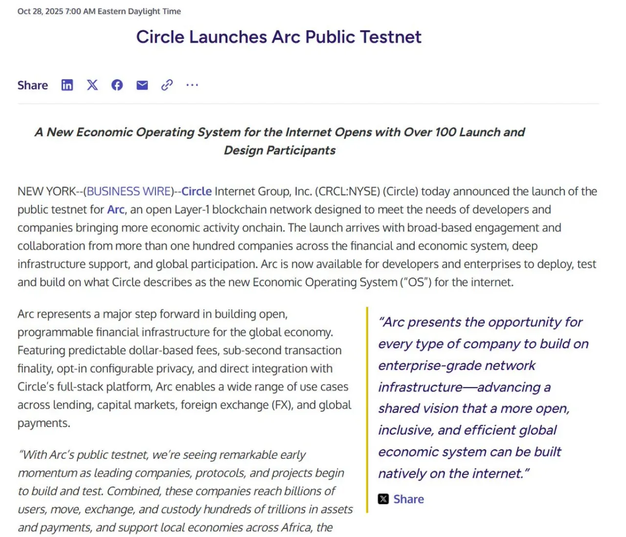 Circle, Yeni Layer-1 Blockchain'i Arc'ı 100'den Fazla Kuruluşla Test Etmeye Başladı Circle, Yeni Layer-1 Blockchain'i Arc'ı 100'den Fazla Kuruluşla Test Etmeye Başladı