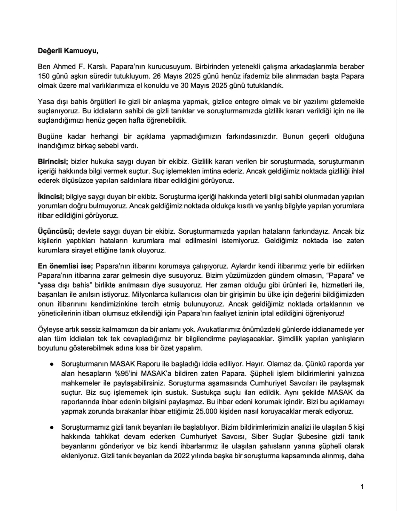 Papara Kurucusu Ahmed F. Karslı'dan İlk Açıklama: "Suçlamalar Asılsız" Papara Kurucusu Ahmed F. Karslı'dan İlk Açıklama: "Suçlamalar Asılsız"
