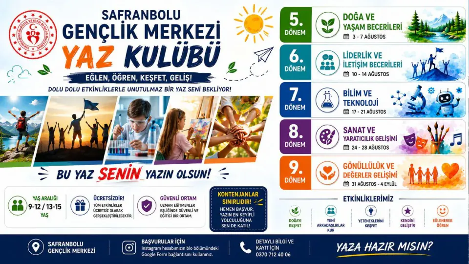 Safranbolu Gençlik Merkezi Yaz Kulübü kayıtları başladı: Ücretsiz eğitim fırsatı görseli