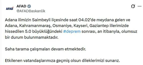 Adana Saimbeyli'de 5.0 büyüklüğünde deprem: AFAD 'Olumsuz durum yok' dedi